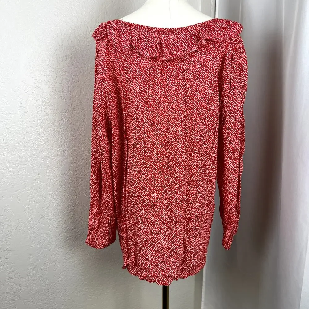 Loft Top Womens 18 Red Heart Print Ruffle Trim Peasant Boho Chic Romantic Flowy - Picture 6 of 11